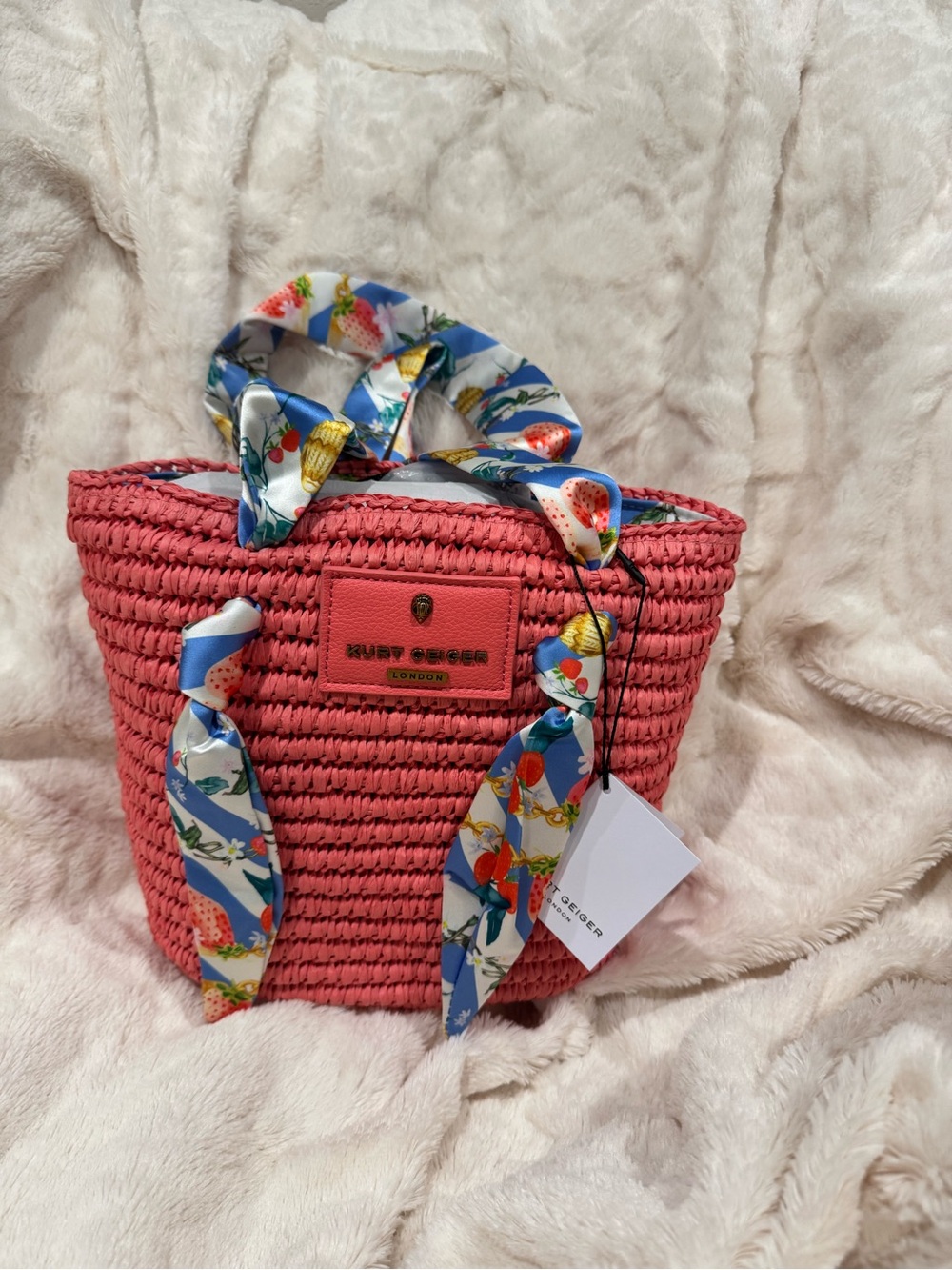 Kurt Geiger Small Raffia Woven Tote Pink/ Coral with Floral Scarf Handles - Picture 3 of 6